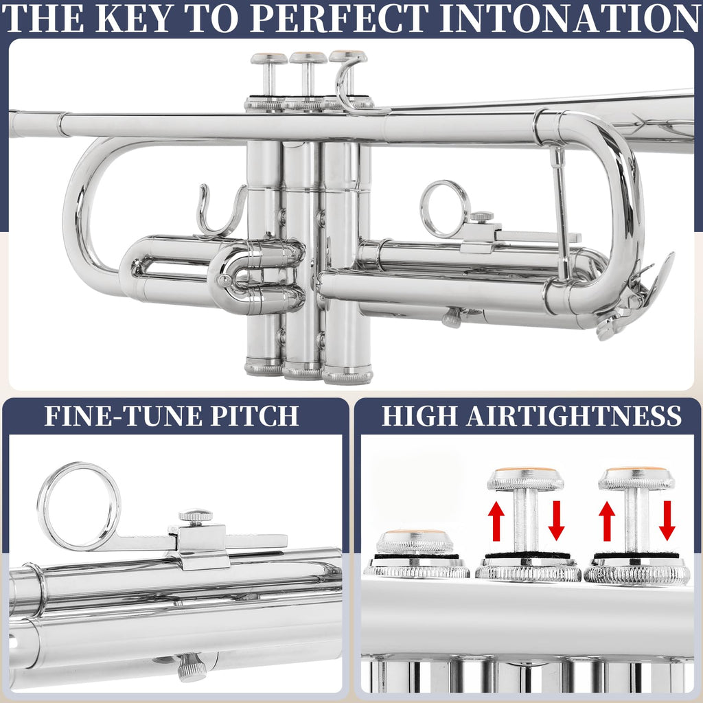 Kmise Bb Standard Trumpet, Premium Brass Trumpets for Student Beginner, Trumpet Instrument Set with Upgraded Case, 7C Mouthpiece, Mute, Beginner's Guide Kit, Cleaning Kit (Gold)