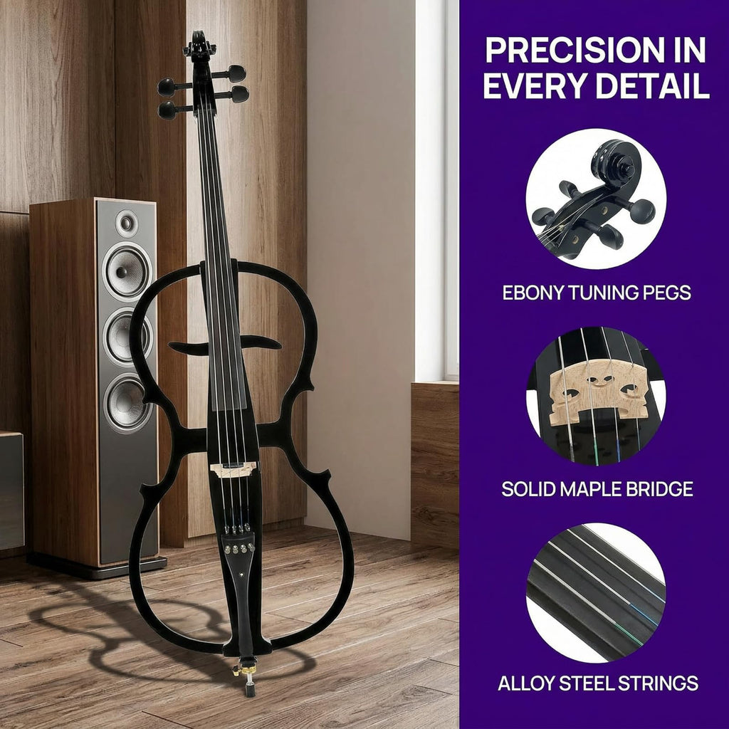 Electric Cello 4/4 Full Size Ebony Fittings with Lightweight Cello Bag, Headphones, Bow, Bridge, Rosin, Cello for Beginners Adults(Metallic Black) (Metallic Red Peach Heart -Cellos)
