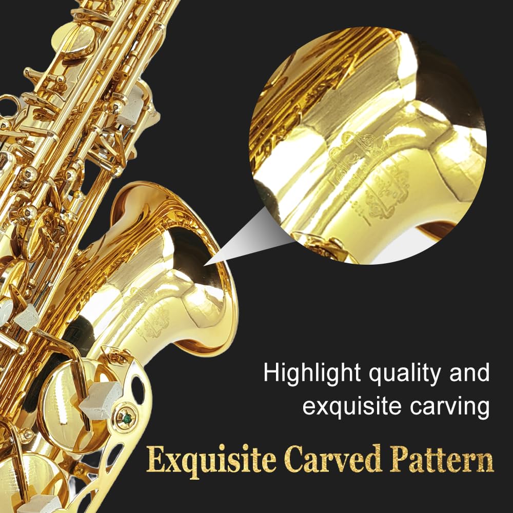 Vetimobato Student Alto Saxophone E Flat for Adults Beginner to Intermediate Eb Sax Kit Gold Lacquer Full Brass Instrument with Hard Case, Mouthpiece, 10 Reeds, 8 pads, Neck strap, Cleaning Kit