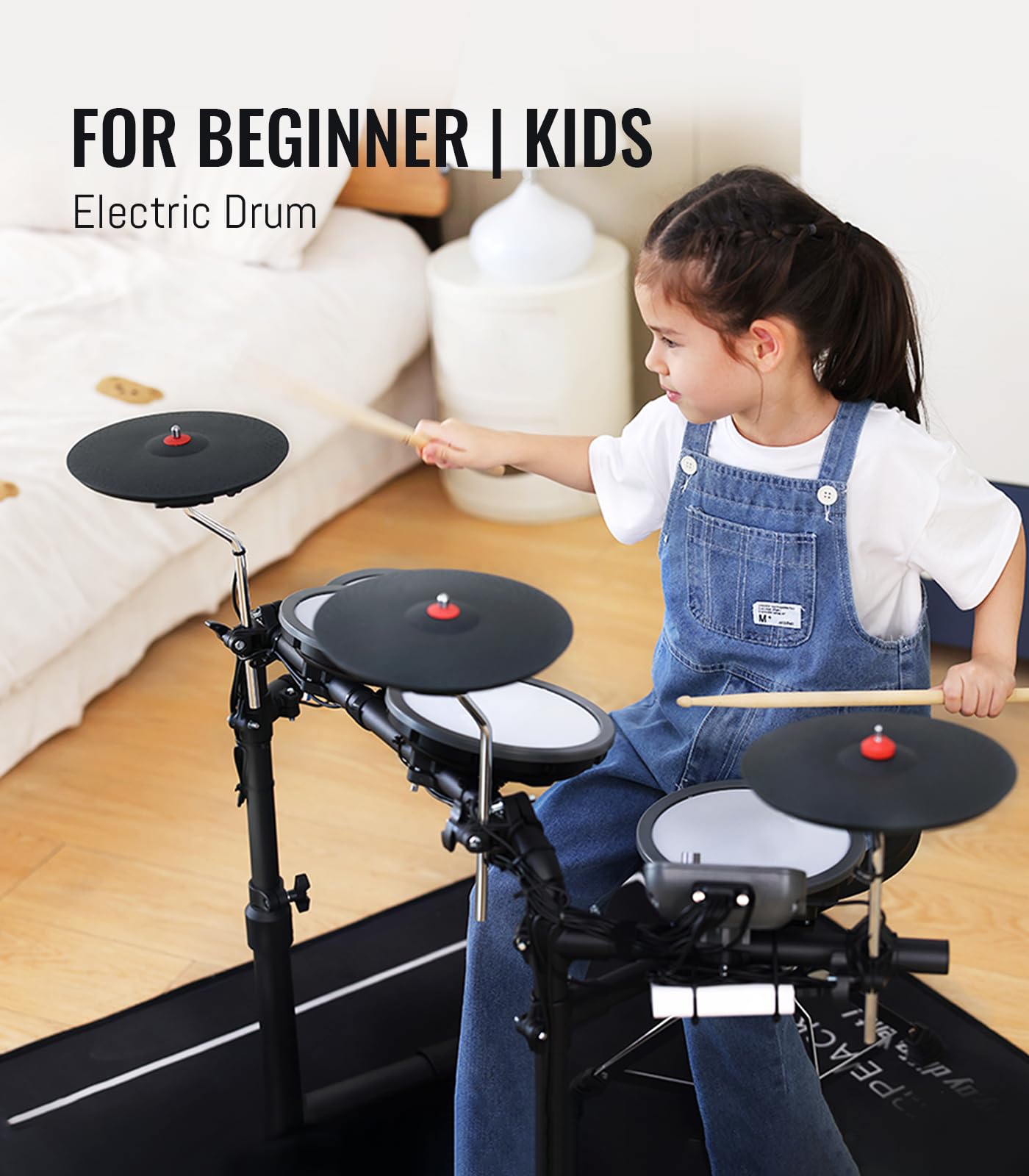 HAMPBACK MK-0 Electric Drum Set with 7'' Quiet Mesh Drum Pads, 8'' Full Rubber Cymbals, 12 Kits and 68 Authentic Sounds, USB MIDI, Throne, Sticks, Headphone, 2 Switch Pedals for Beginners & Kids