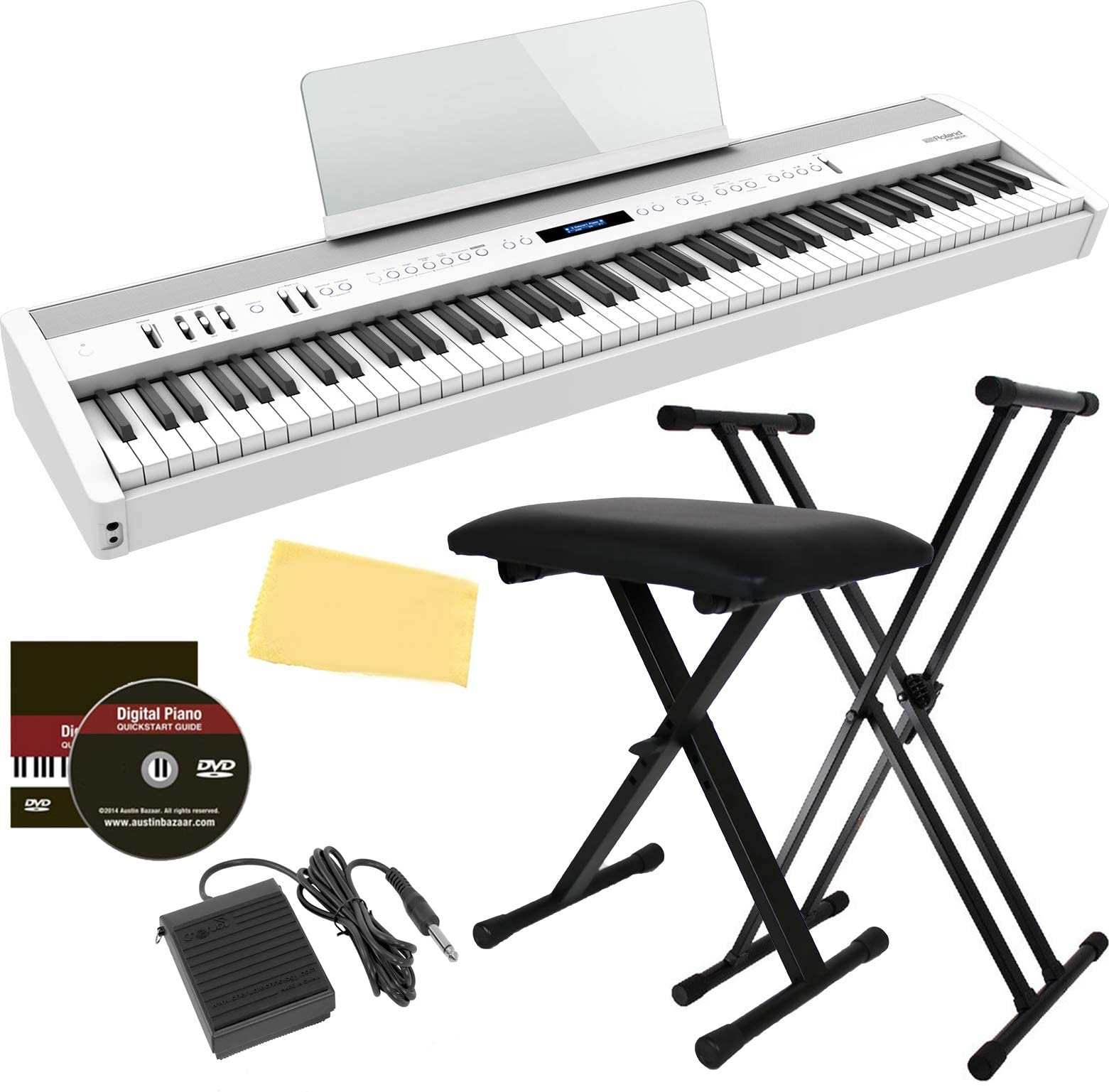 Roland FP-60X 88-Key Digital Piano - White Bundle with Adjustable Stand, Bench, Deluxe Sustain Pedal, Online Piano Lessons, Instructional DVD, and Austin Bazaar Polishing Cloth