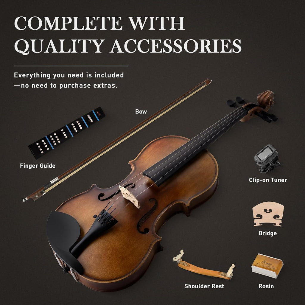 SONICAKE Violin 4/4 Full Size Set, Fiddle Solidwood for Beginners Adults, Acoustic Violin with Hard Case, Shoulder Rest, Rosin, Bow, Clip-on Tuner and Extra Strings, QVL-01