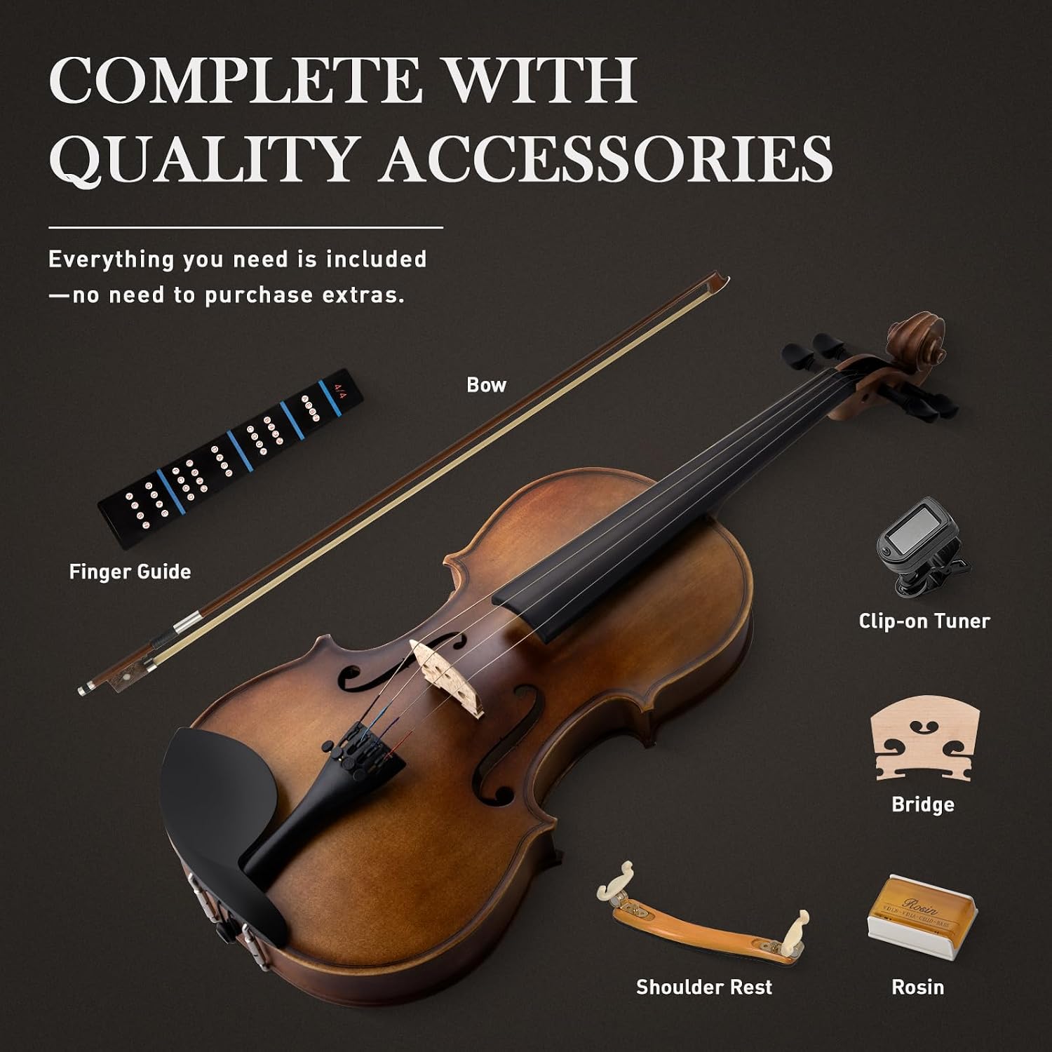 SONICAKE Violin 4/4 Full Size Set, Fiddle Solidwood for Beginners Adults, Acoustic Violin with Hard Case, Shoulder Rest, Rosin, Bow, Clip-on Tuner and Extra Strings, QVL-01
