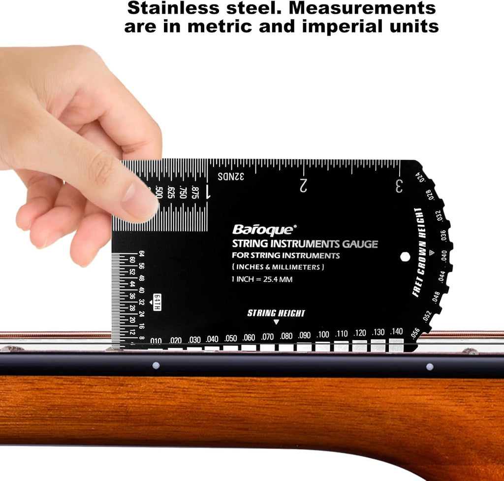 String Action Gauge Ruler, Guitar Set Up Gauge,Multifunctional Guitar Fret Rocker Luthier Tool with Thick Leather Case,Precise Etched, Polished Edge (Inch and Metric)