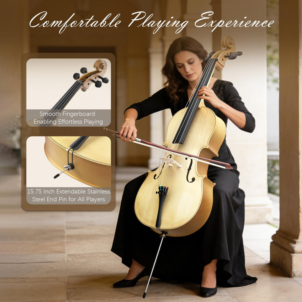 Cello 4/4 Kit, Full Size Cello for Adults, Students, Beginners, Complete Acoustic Cello Instrument Set with Portable Bag, Bow, Rosin, Black