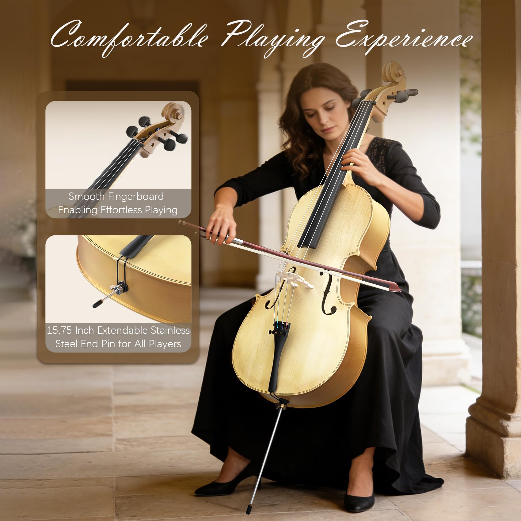 Cello 4/4 Kit, Full Size Cello for Adults, Students, Beginners, Complete Acoustic Cello Instrument Set with Portable Bag, Bow, Rosin, Black
