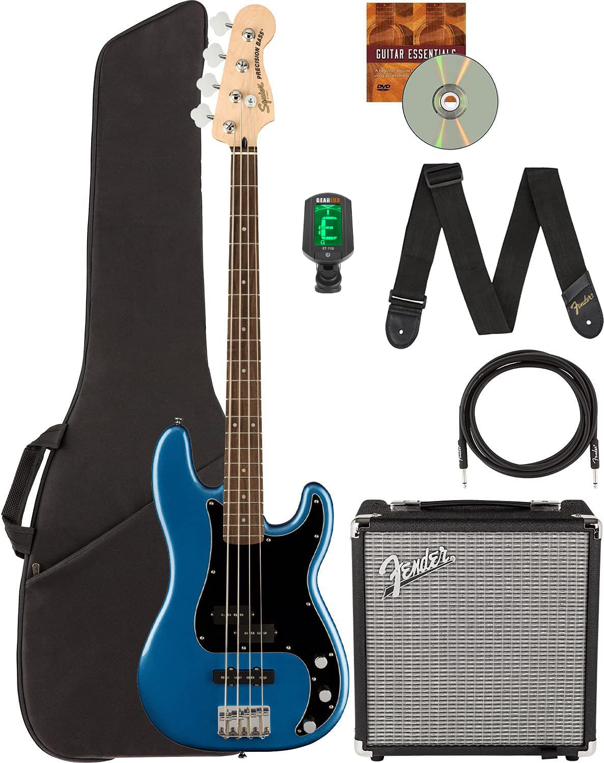 Fender Squier Affinity Precision Bass PJ - Surf Green Bundle with Rumble 15 Amplifier, Instrument Cable, Gig Bag, Tuner, Strap, and Austin Bazaar Instructional DVD
