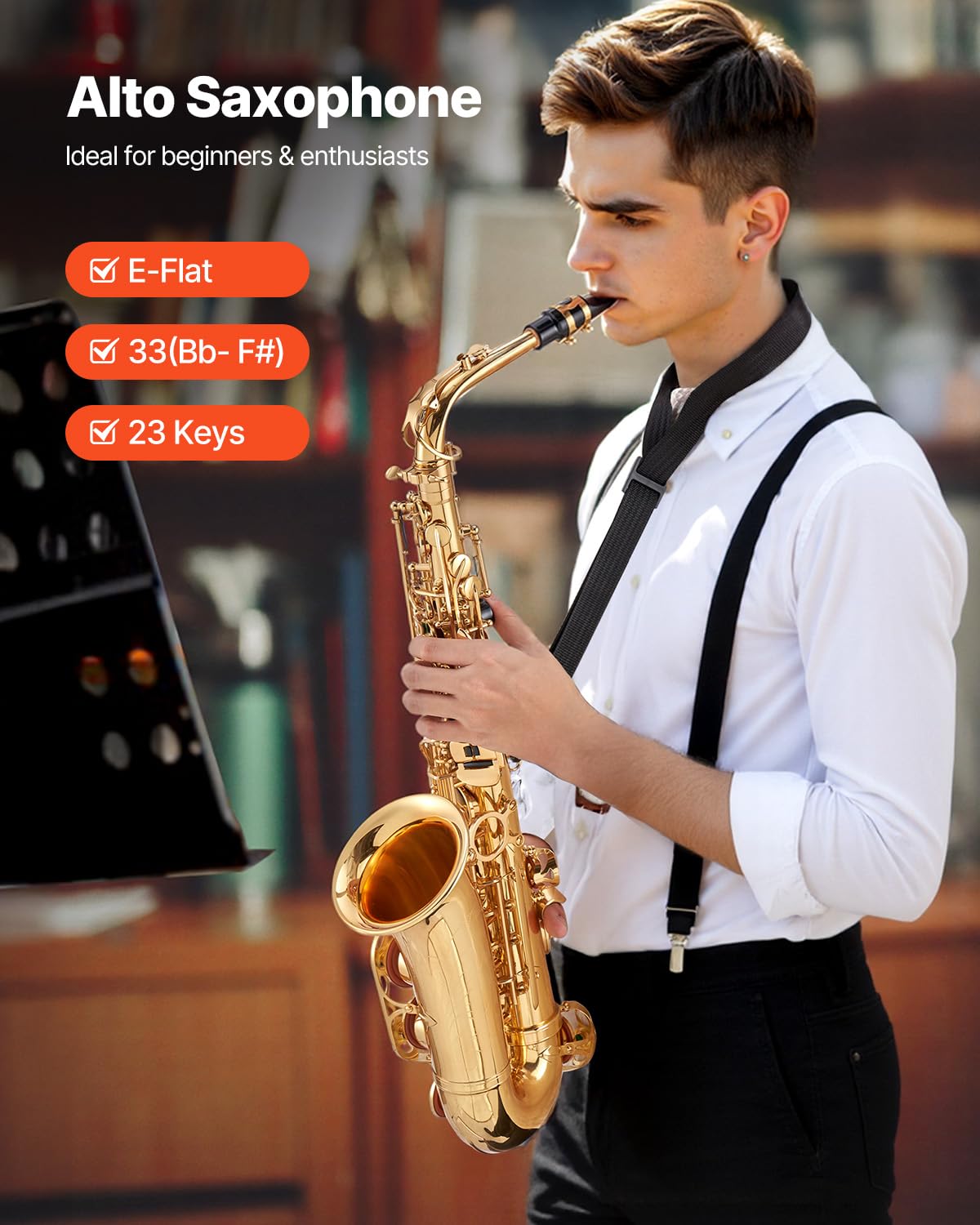 VEVOR Tenor Saxophone, B Flat, Professional Brass Saxophone Beginner Kit with Carrying Case, Mouthpiece, Straps, Cleaning Cloth, Gloves, Neck Strap, 23 Keys Tenor Sax Kit, for Beginners Students, Gold