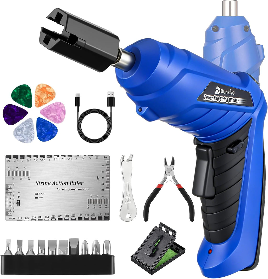 Guitar Tool Set, Rechargeable 200RPM Electric String Winder with LED, String Cutter, Action Gauge Ruler, Bridge Pin Puller, 10 Screwdriver Bits, 6 Guitar Picks & Cleaning Cloth