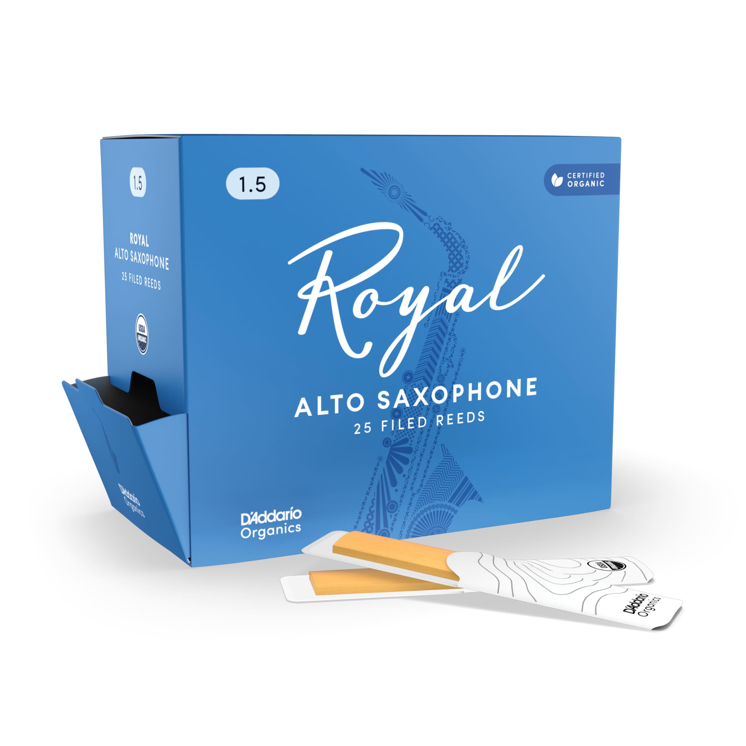 D'Addario Woodwinds Royal Saxophone Reeds - Alto Sax Reeds with Strong Spine - Alto Saxophone Reeds Great for Classical or Jazz - Strength 2.0, 25-pack