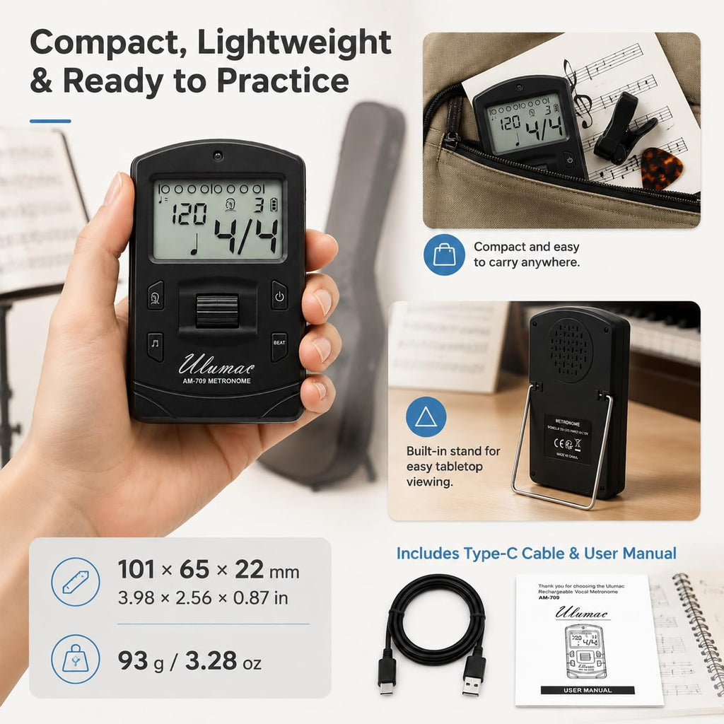Ulumac Aroma 3-in-1 Digital Metronome Tuner for Guitar, Bass, Violin, Piano | For All Instruments - Ukulele, Trumpet, Flute, Clarinet - Accurate Chromatic Tuner, Tone Generator, Easy to Use, Pocket Size
