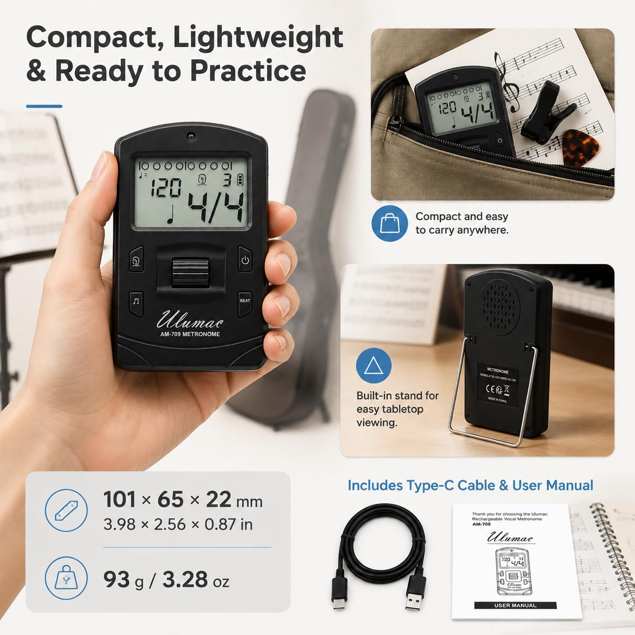 Ulumac Aroma 3-in-1 Digital Metronome Tuner for Guitar, Bass, Violin, Piano | For All Instruments - Ukulele, Trumpet, Flute, Clarinet - Accurate Chromatic Tuner, Tone Generator, Easy to Use, Pocket Size