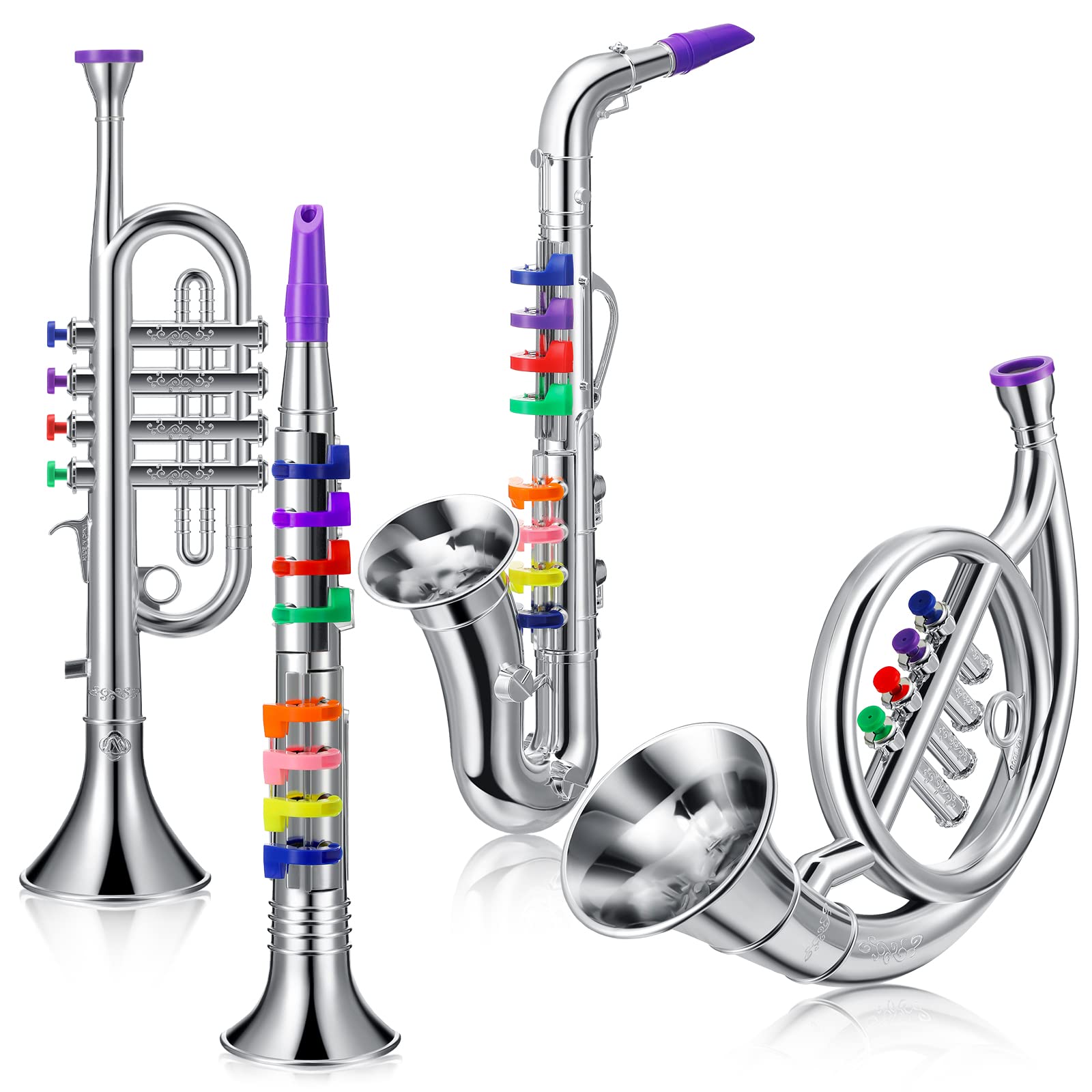 Treela Set of 4 Musical Instruments for Kids, Toy Clarinet Saxophone Trumpet and Horn Set for Beginners with Over 10 Color Coded Keys, Christmas Educational Musical Gifts for Children Toddlers(Gold)