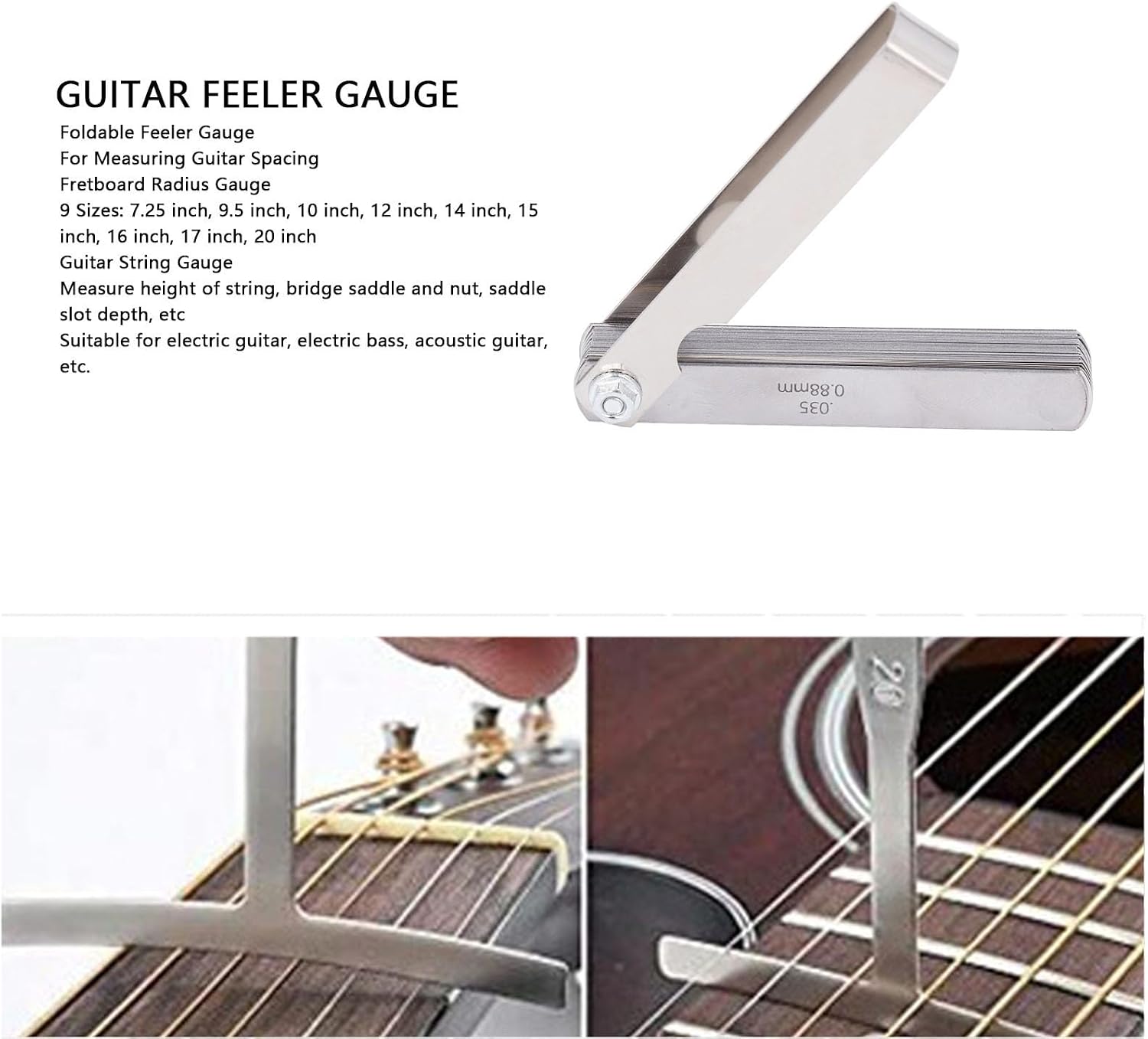 Fretboard Radius Ruler Guitar Measurement Tool Set, Foldable Feeler Gauge with String Action Height Gauge, 9 Size Fretboard Radius Gauge for Electric Bass Acoustic Guitar, Stainles