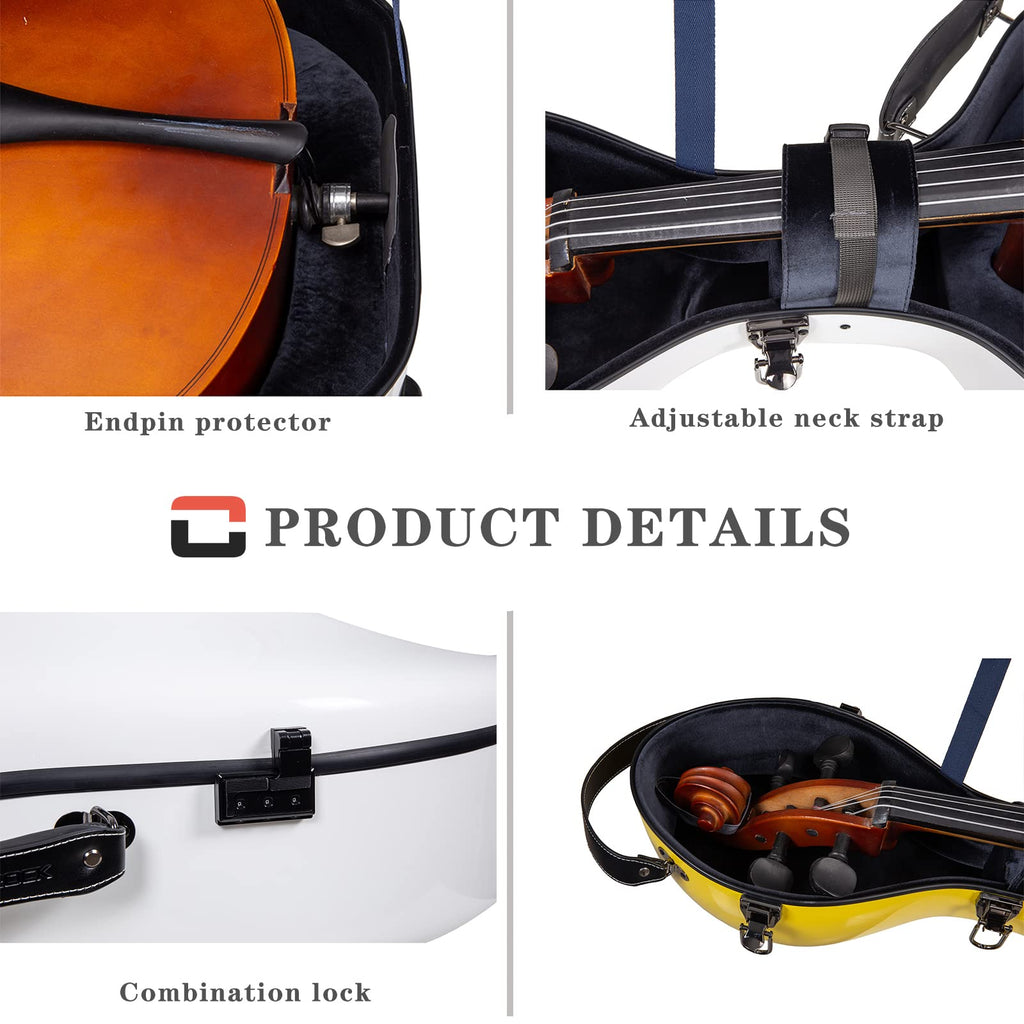 Crossrock Fiberglass Cello 4/4 Full Size Hardshell Case with Wheels in Yellow