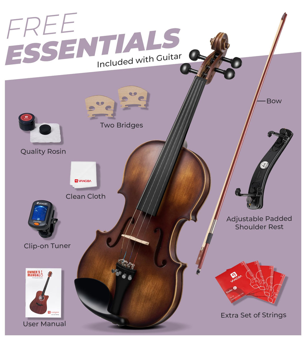 Vangoa Violin 4/4 Full Size Set, Varnish Fiddle Solid Wood for Professional Adults Senior Intermediate Beginners Student Starter Acoustic Violins Kit Outfit with Ebony Fitted, Hard Case, Right Handed