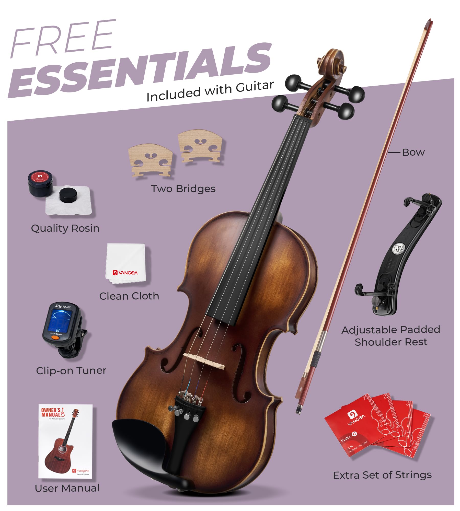 Vangoa Violin 4/4 Full Size Set, Varnish Fiddle Solid Wood for Professional Adults Senior Intermediate Beginners Student Starter Acoustic Violins Kit Outfit with Ebony Fitted, Hard Case, Right Handed