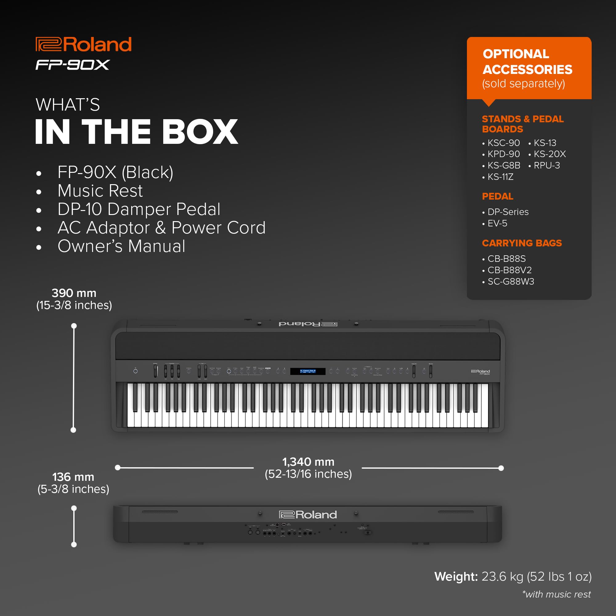 Roland FP-90X | Flagship Portable 88-Note Digital Piano | Immersive & Powerful 4 Speaker System | Distinctive Acoustic Tones & Deep Sound Shaping | Bluetooth & MIDI Connectivity | Black