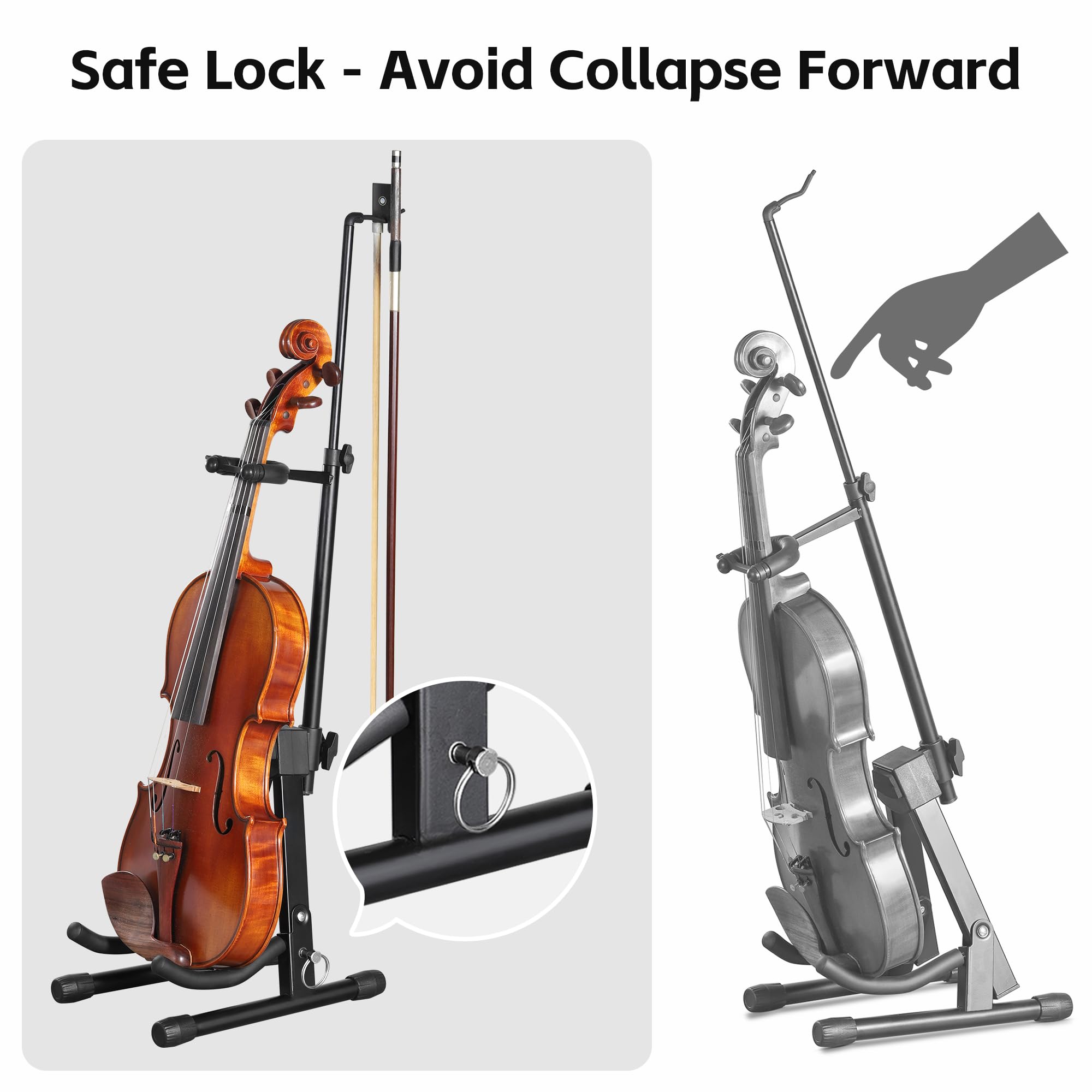 New Upgraded Anti-Tipping Design in Violin Stand with Bow Holder. Adjustable height, non-slip base, and protective head lock. Foldable and portable design for violins, violas, mandolins, and ukuleles.Gray Lockable
