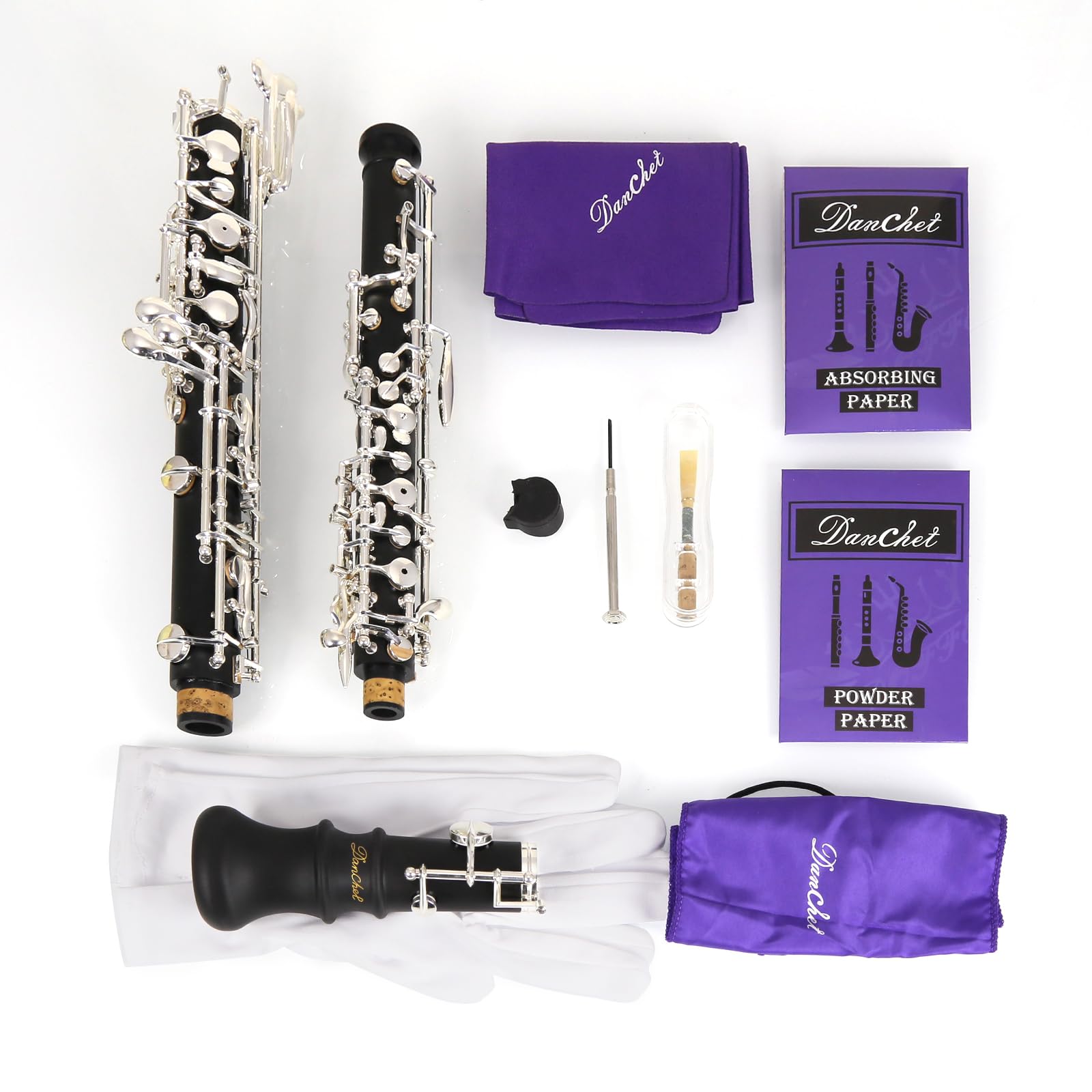 Oboe Professional Performance Level Redwood Body Silver Plated Semi Automatic C Tone with Reeds, Cleaning Cloth, Oboe Swab, Powder Paper, Absorbing Paper, Thumb Rest, Screwdriver, Gloves, Case