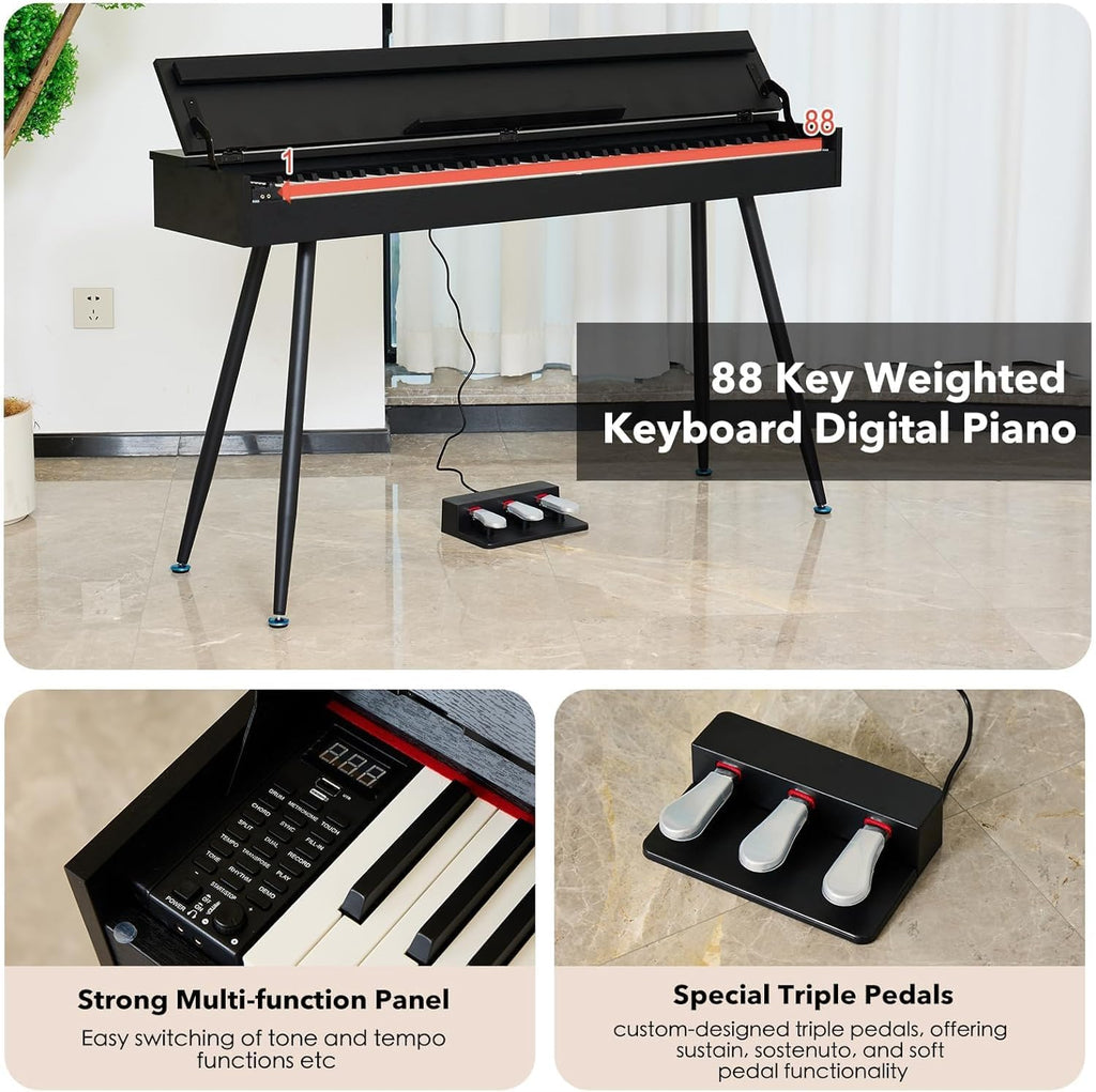 Digital Piano 88 Key Weighted Keyboard,Full-Size Desk Progressive Hammer-Action Electric Piano For Beginners, With Sheet Music Stand, Pedal,Power Adapter, Headphone Mode, Usb-Midi