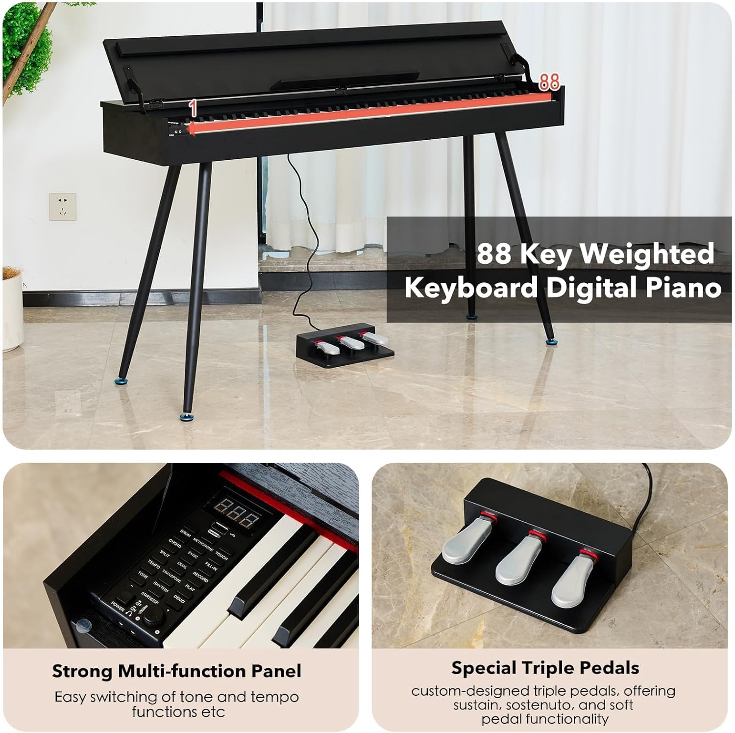 Digital Piano 88 Key Weighted Keyboard,Full-Size Desk Progressive Hammer-Action Electric Piano For Beginners, With Sheet Music Stand, Pedal,Power Adapter, Headphone Mode, Usb-Midi