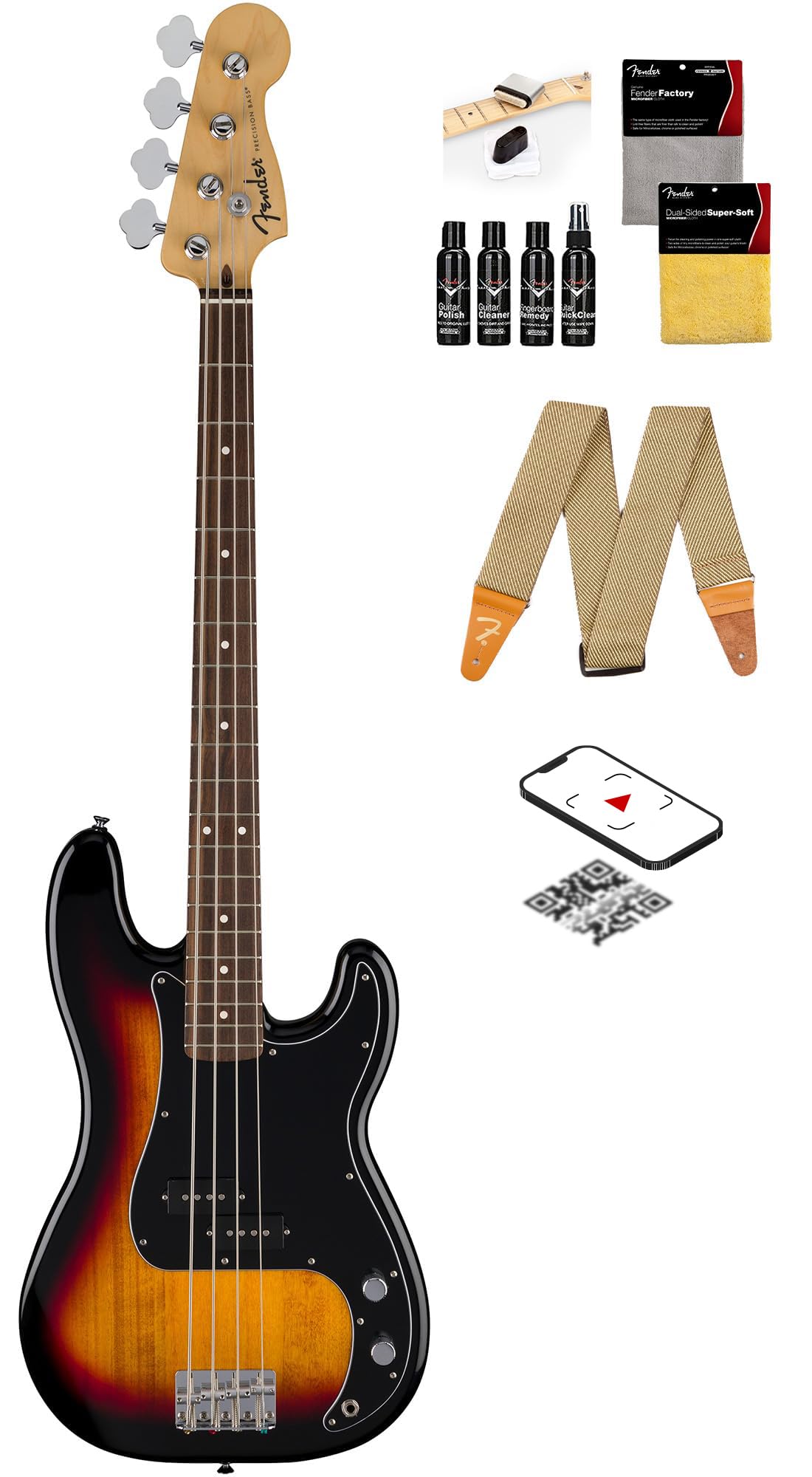 Fender Standard Jazz Bass - Olympic White Bundle with Strap, Guitar Cleaning Kit and Austin Bazaar Instructional Video