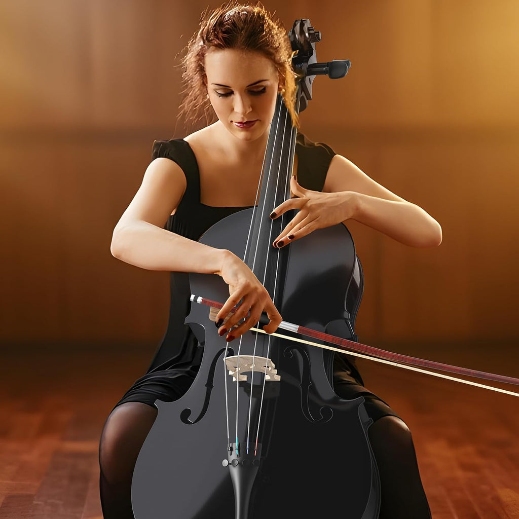 Full Size Cello Kit, Acoustic Cello Instrument for Adults,Students,Beginners,Complete Cello 4/4 Set with Portable Bag, Bow, Rosin (Black)