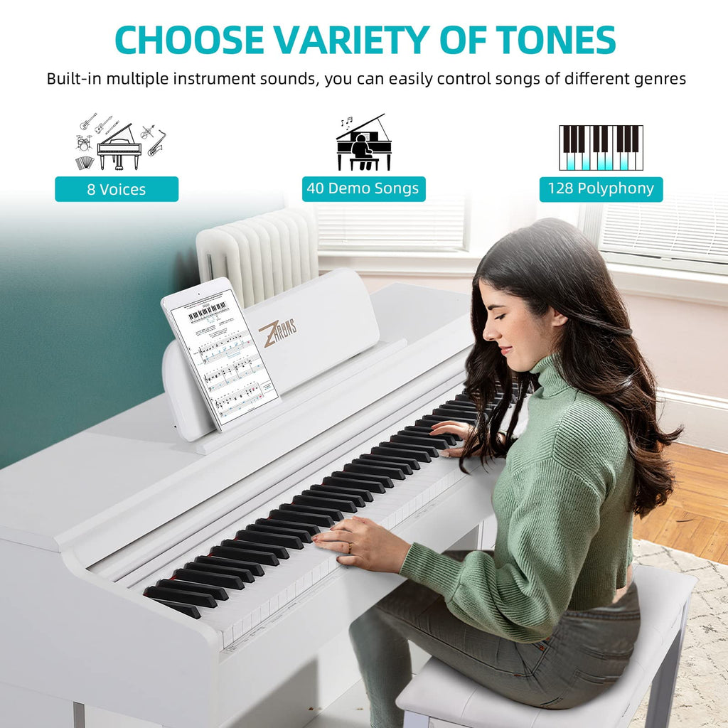 Digital Piano, 88 Key Weighted Keyboard Piano, Full-size Electric Piano Keyboard with Sheet Music Stand, Triple Pedal, Power Adapter, Supports USB-MIDI Connecting (White)