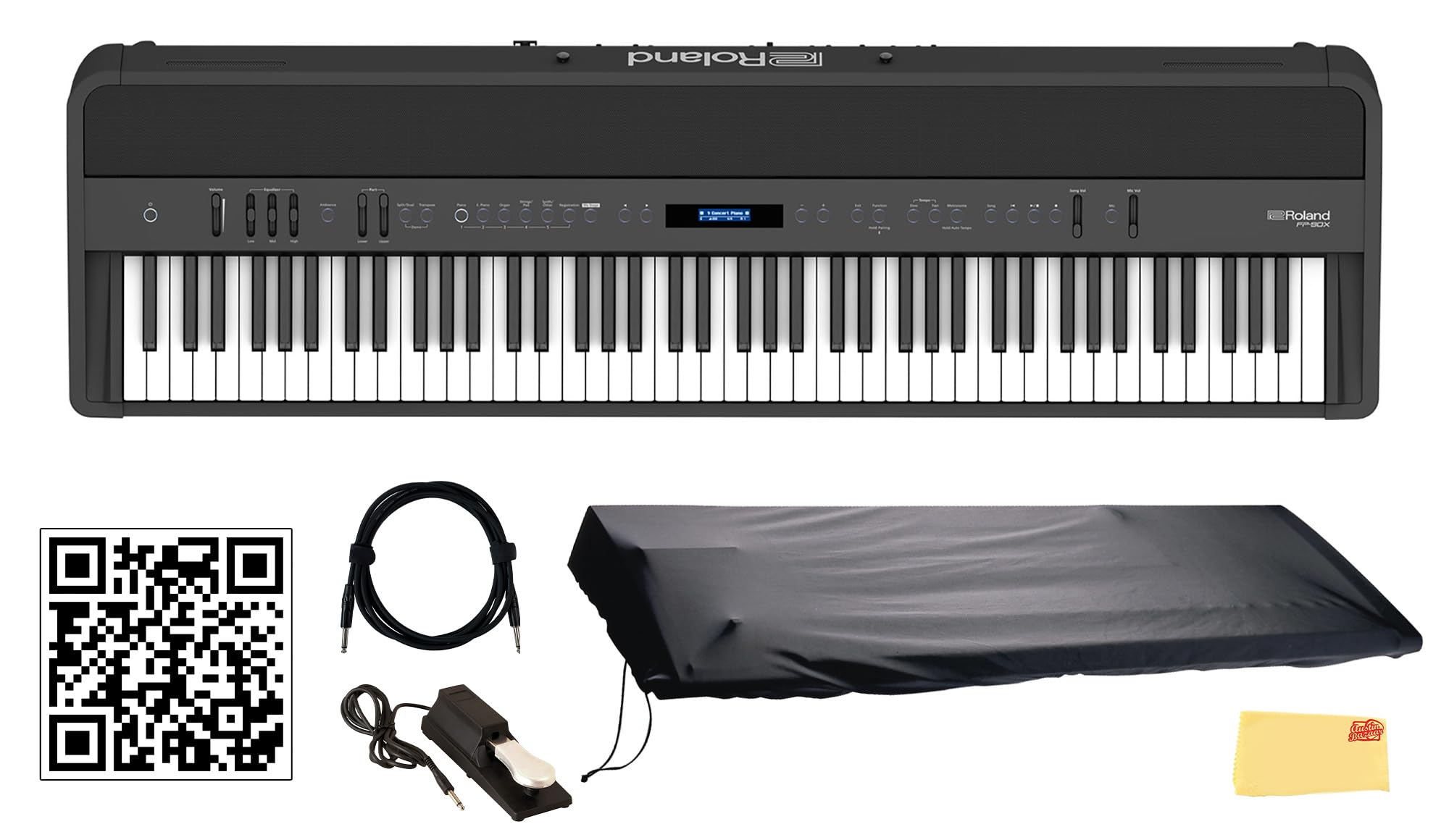Roland FP-90X 88-Key Digital Piano - White Bundle with KSC-90 Stand, Three Pedal Unit, Bench, Online Lessons, Instructional DVD, and Austin Bazaar Polishing Cloth