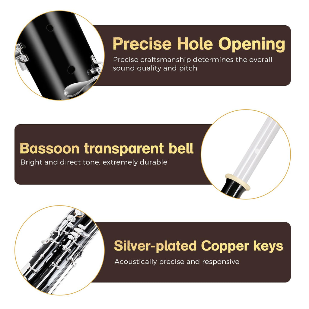ROWELL Maple Bassoon C Key Bassoon with Self-Locking Mechanism 19 Keys Silver Plated Bassoons Instrument with Case and Care Kit, Ideal for School Band, Orchestra, and Home Practice Black