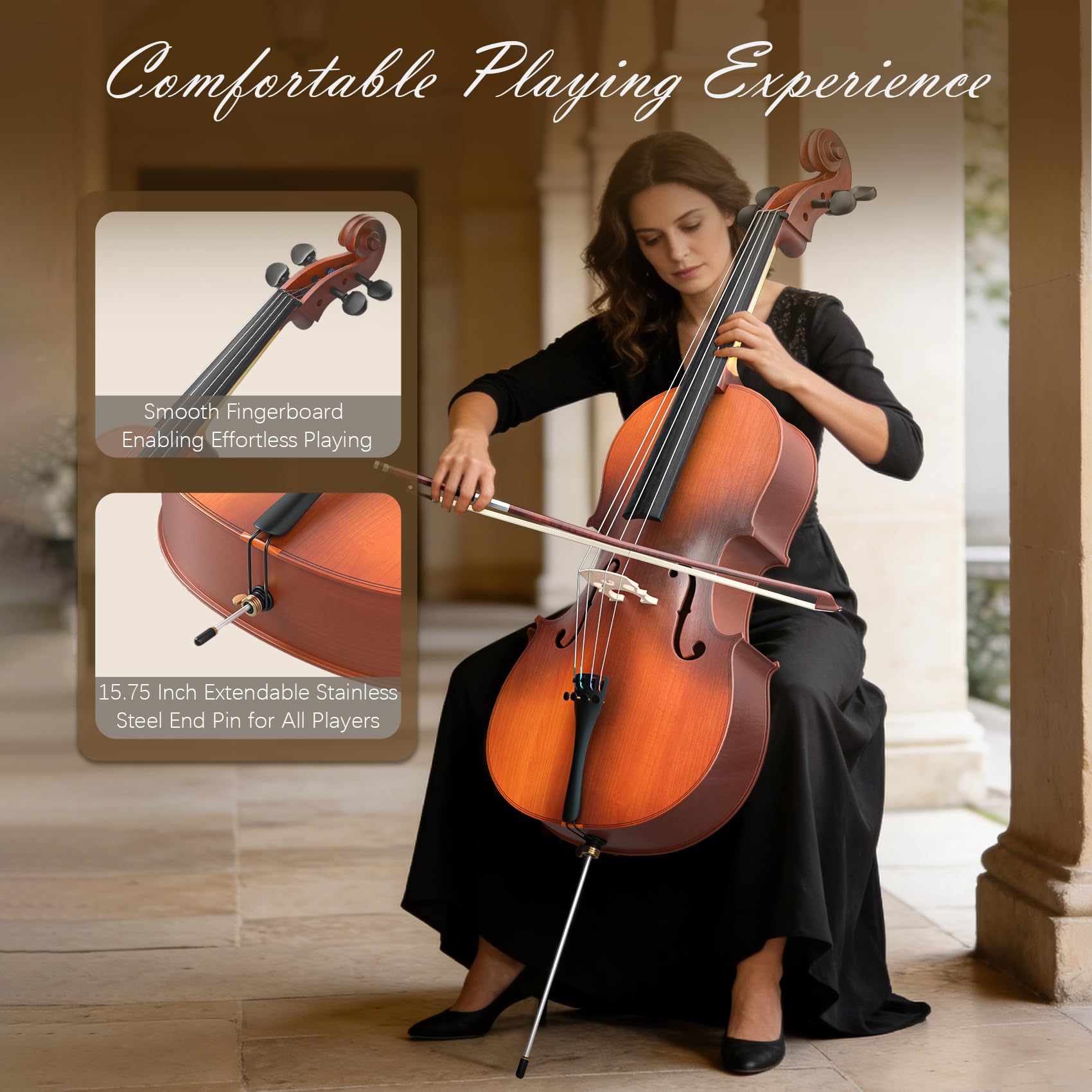 Full Size Cello Kit, Acoustic Cello Instrument for Adults,Beginners,Students,Complete Cello 4/4 Set with Portable Bag, Bow, Rosin (Black)