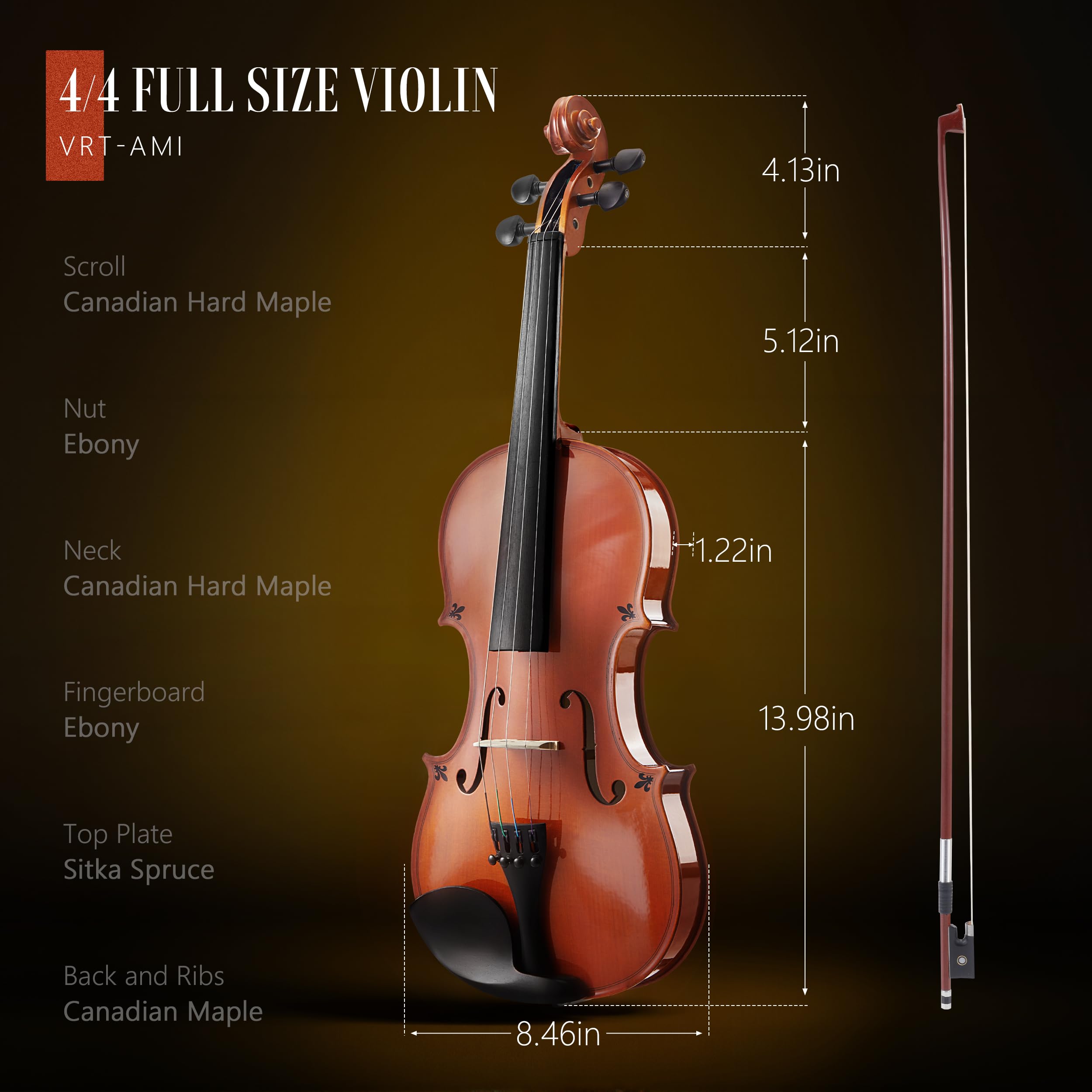 AKLOT Handcrafted Full Size Violin: Solid Wood Matte Fiddle, Acoustic Beginner 4/4 Violin Kit with Hard Case, Lesson Book, Bow, Shoulder Rest, Extra Strings, Tuner, Fretboard Stickers (VRT-AmiCS)