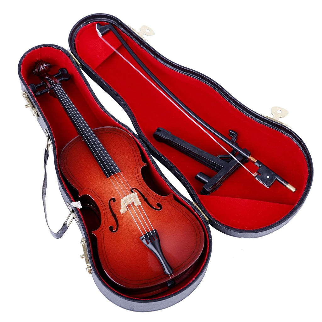 Wooden Miniature Cello with Stand, Bow and Case Mini Musical Instrument Cello Replica Collectible Figurines Dollhouse Accessories Model Home Decoration Display Ornament (5.51"x1.97"x0.63")