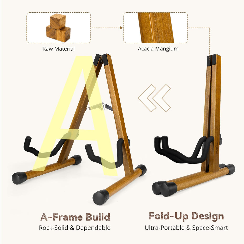 KingPoint Guitar Stand, Guitar Floor Stand, Acoustic Electric Wooden A Frame Folding Guitar Holder Adjustable for Bass, Cello, Mandolin, Banjo, Ukulele (Acacia)