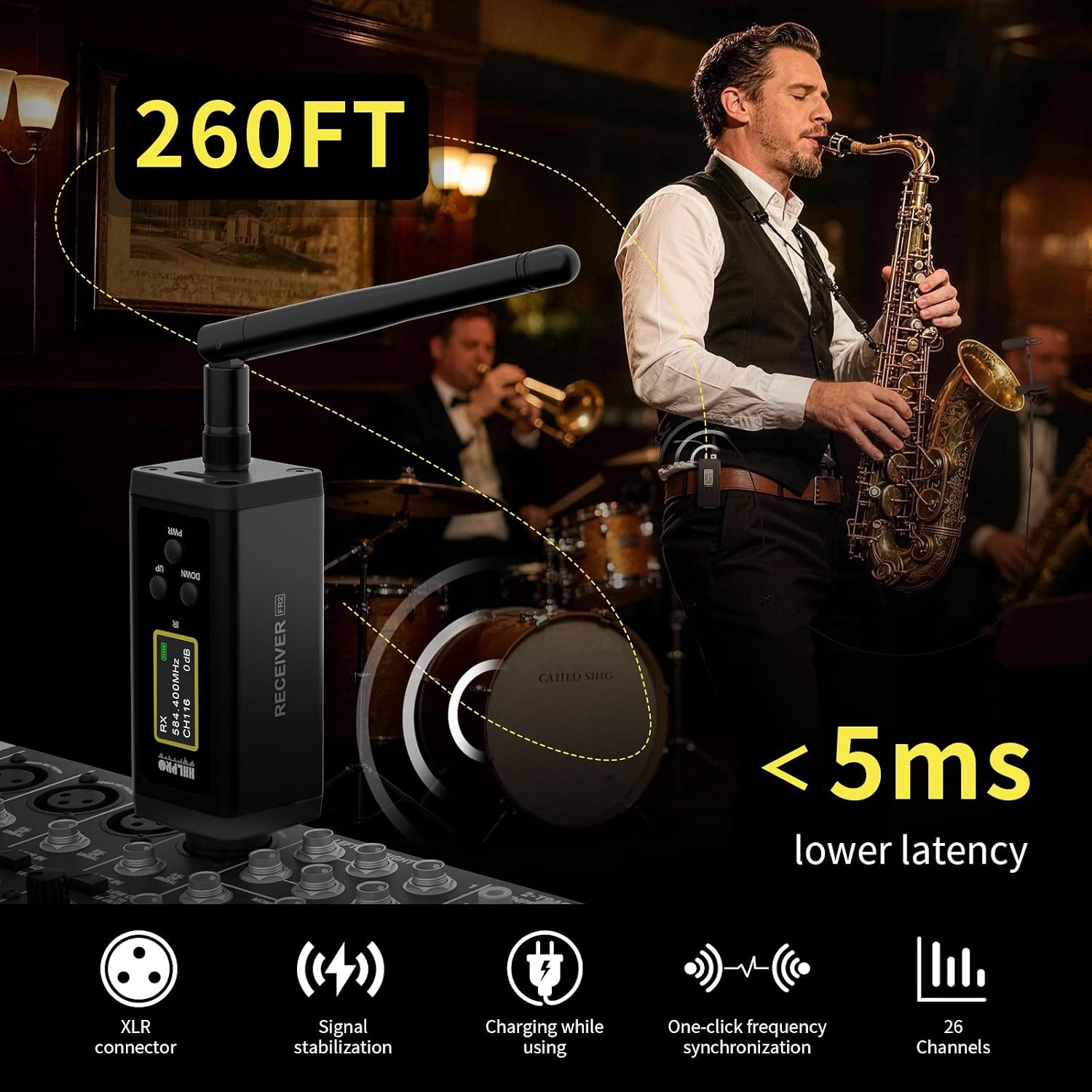 Saxophone Wireless Microphone System for Clarinet, Brass Instrument | UHF, 260FT Range, 360° Rotatable Clip-on Mic, XLR Adapter, Low Latency Transmitter & Receiver, F40S
