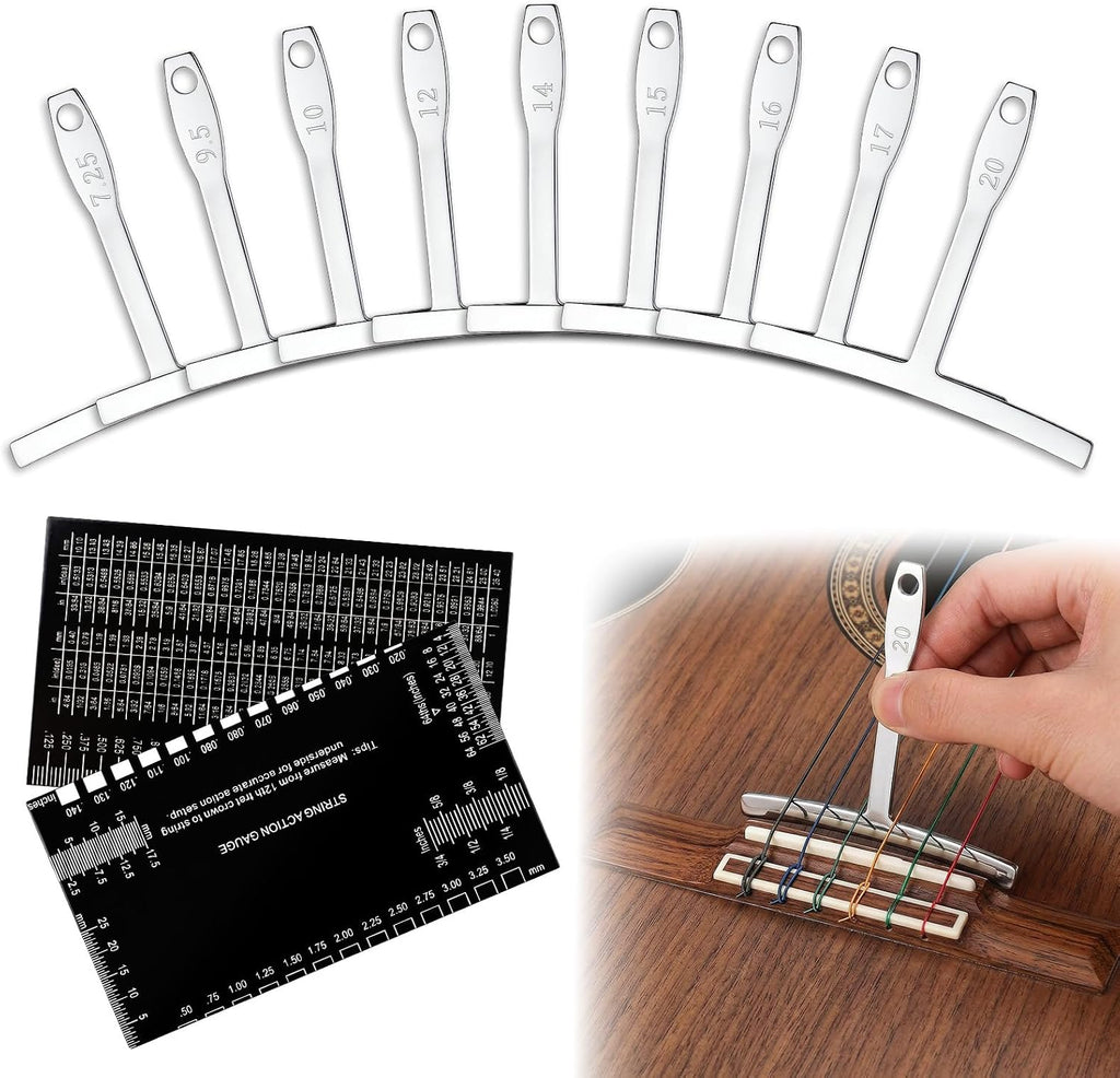 10 Pcs Guitar Luthier Tools - 9 Stainless Steel Understring Radius Gauges + 1 String Action Gauge, Precision T-Shaped Radius Measuring Ruler for Guitar & Bass Setup, Adjusting & Repairing