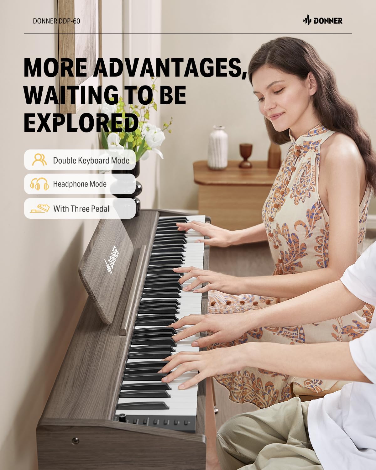 Donner OURA S100 Digital Piano with 88 Key Graded Hammer Weighted Keyboard for Beginner, Full Size Electric Piano Keyboard with Bluetooth, 3 Original Demos, LOCAL OFF, 2×10 W, Piano Three Pedal,White