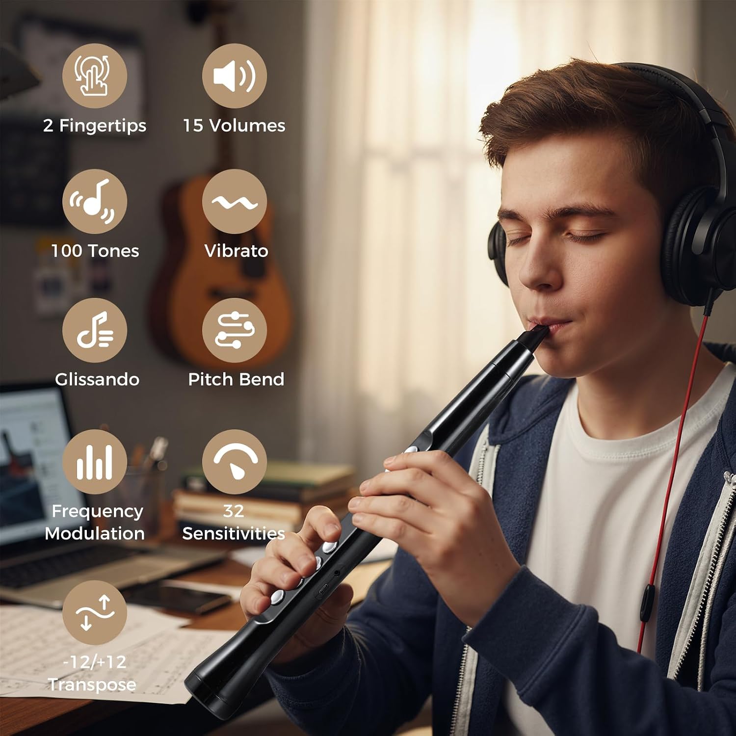 Costzon Electronic Wind Instrument, Portable Mini Digital Electric Saxophone with MIDI, 100 Tones, 3W HIFI Speaker, 4-Octave Range & 2 Fingerings, Rechargeable EWI Synthesizer for Beginners Adults