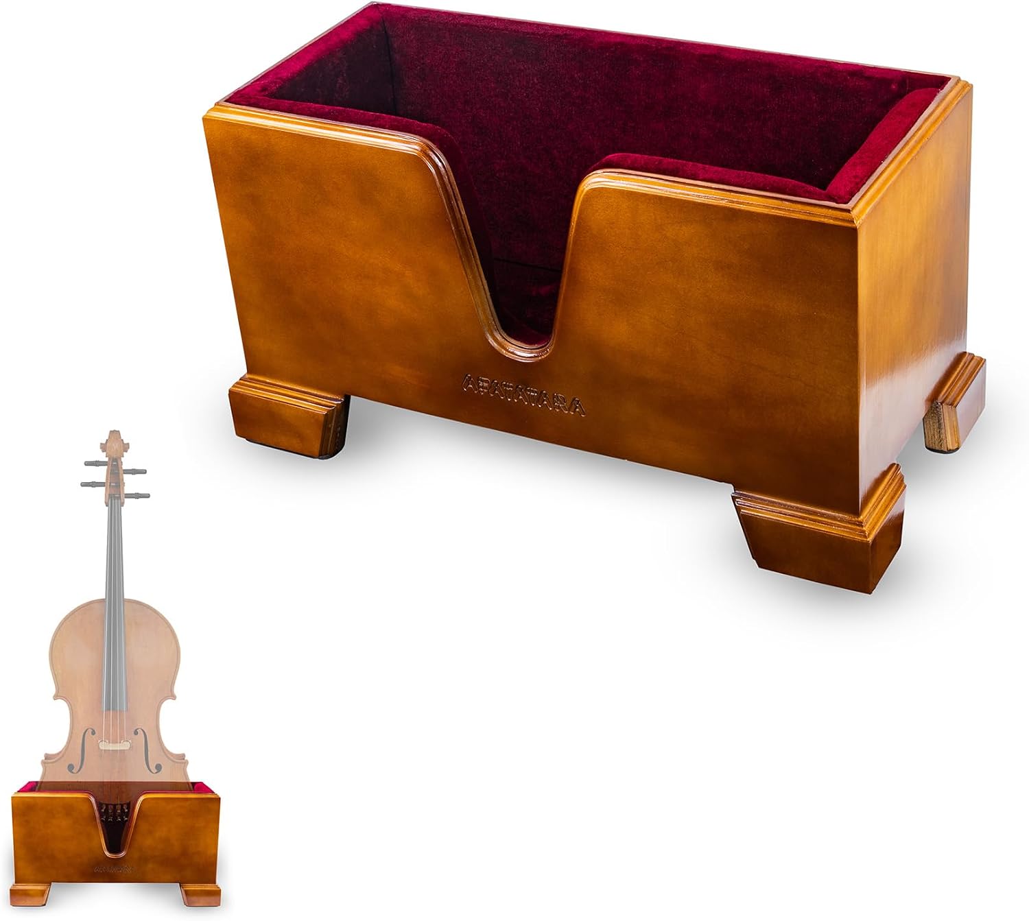 Cello Box Stand – Luxury Burgundy Plush Liner – Wooden Mahogany-tone Upright Instrument Holder – Wood Display Case - Integrated Bow Holder - with Cello Endpin Stopper - AFATATARA