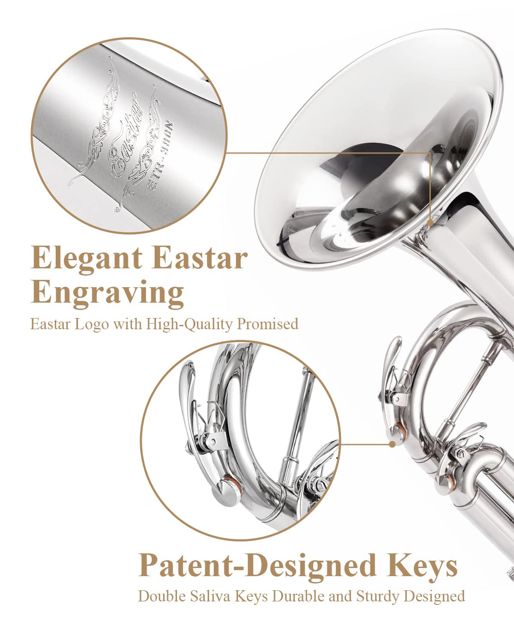 Eastar Bb Standard Trumpet Set for Beginner, Brass Student Trumpet Instrument with Hard Case, Cleaning Kit, 7C Mouthpiece and Gloves, ETR-380N, Silver