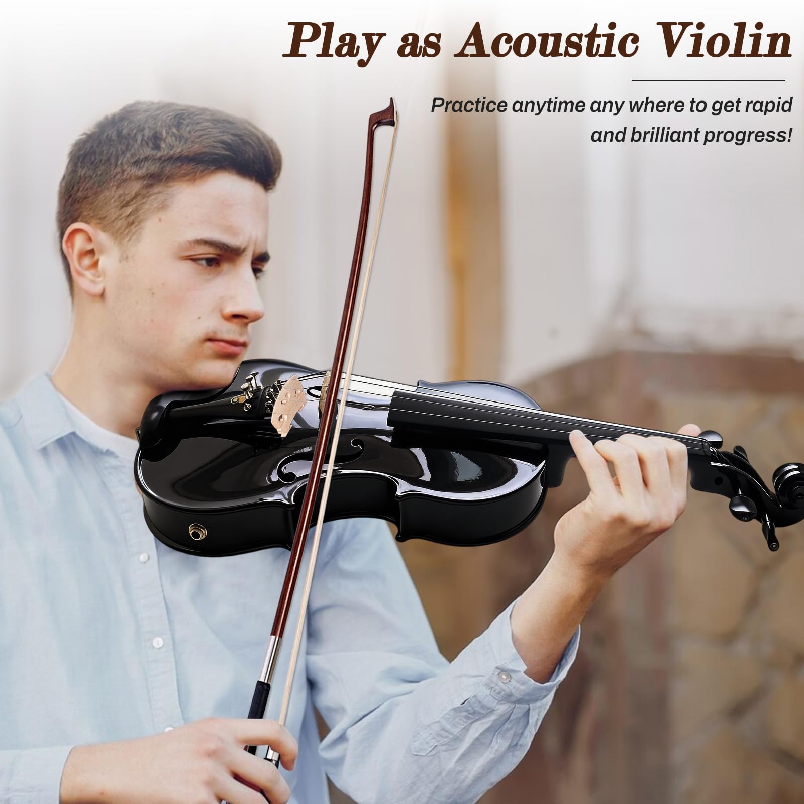 Electric/Acoustic Violin with Ebony Accessories with Carrying Case, Violin Bow, Bridge, Shoulder Rest, Stickers, Tuner, Instruction, Handcraft with Maple, Spruce (White)