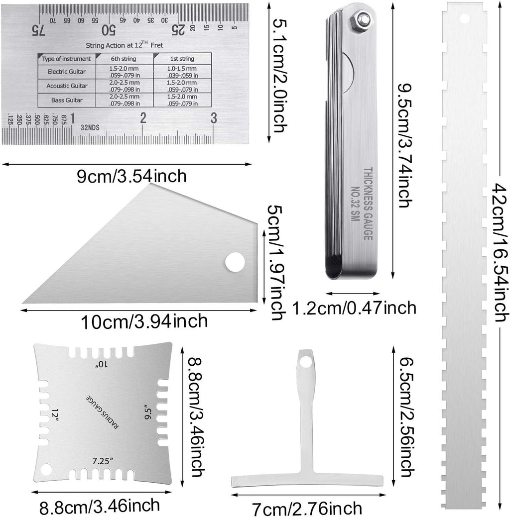 Mudder 17 Pieces Guitar Luthier Tools Set Setup Kit Include Radius Gauge String Action Ruler 32 Blades Feeler Gauges Notched Radius Neck Notched Straight Edge Fret Rocker for Guitar Bass Setup