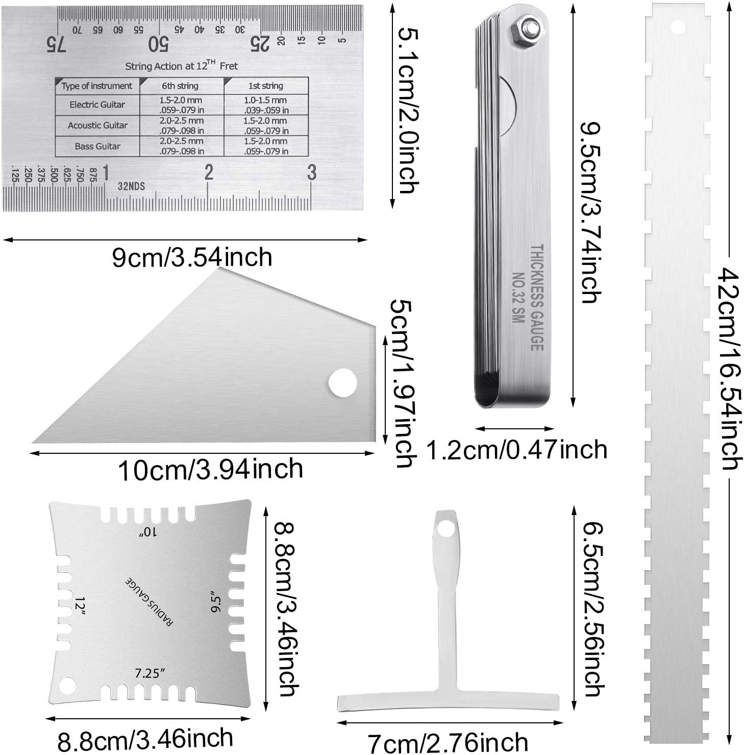 Mudder 17 Pieces Guitar Luthier Tools Set Setup Kit Include Radius Gauge String Action Ruler 32 Blades Feeler Gauges Notched Radius Neck Notched Straight Edge Fret Rocker for Guitar Bass Setup