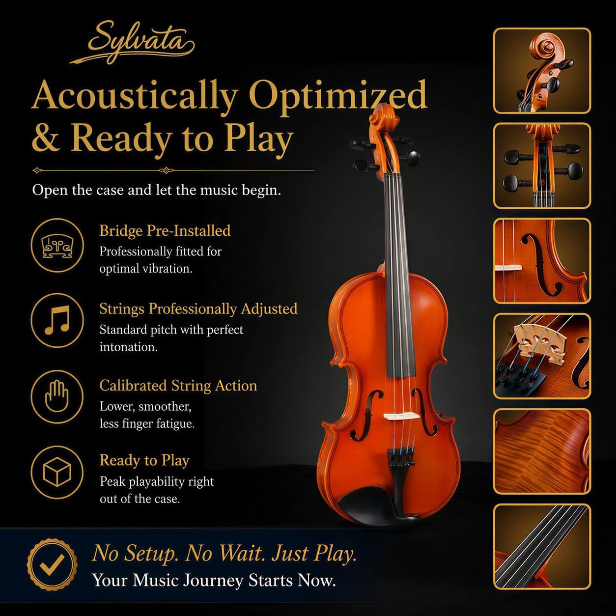 4/4 Full Size Violin Starter Kit, Acoustic Fiddle for Beginners & Students, Tiger-Striped Violin 4/4 Full Size with Ebony Fittings, Includes Alice Bow, 2 Bridges, Tuner, and Case