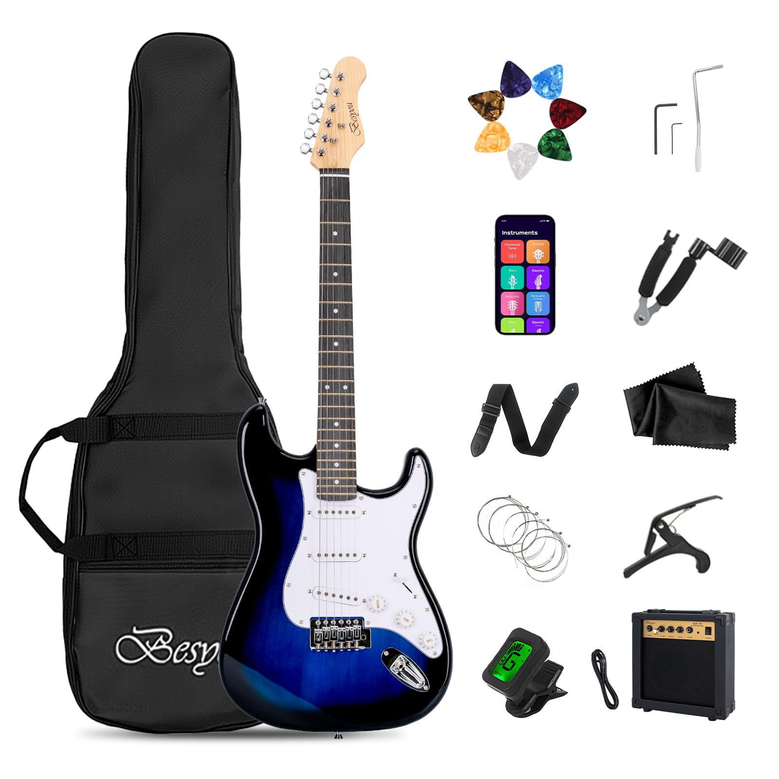39 Inches Full Size Electric Guitar Beginner Electric Guitar Kits with 10W Amp Classic SSS Pickup Complete with Gig Bag Tuner Capo Strap Picks Guitar String Winders Black