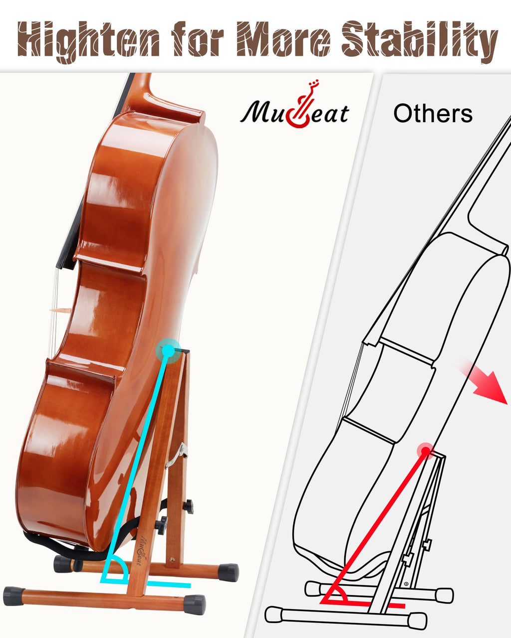 Cello Stand with Bow Holder, Mahogany Wooden A-Shape Floor Stand with Padded Foam, Handcrafted Cello Rack Fits 1/2, 3/4, 7/8, 4/4 Full-Size and Guitar, Instrument Holder for Home and Studio Display