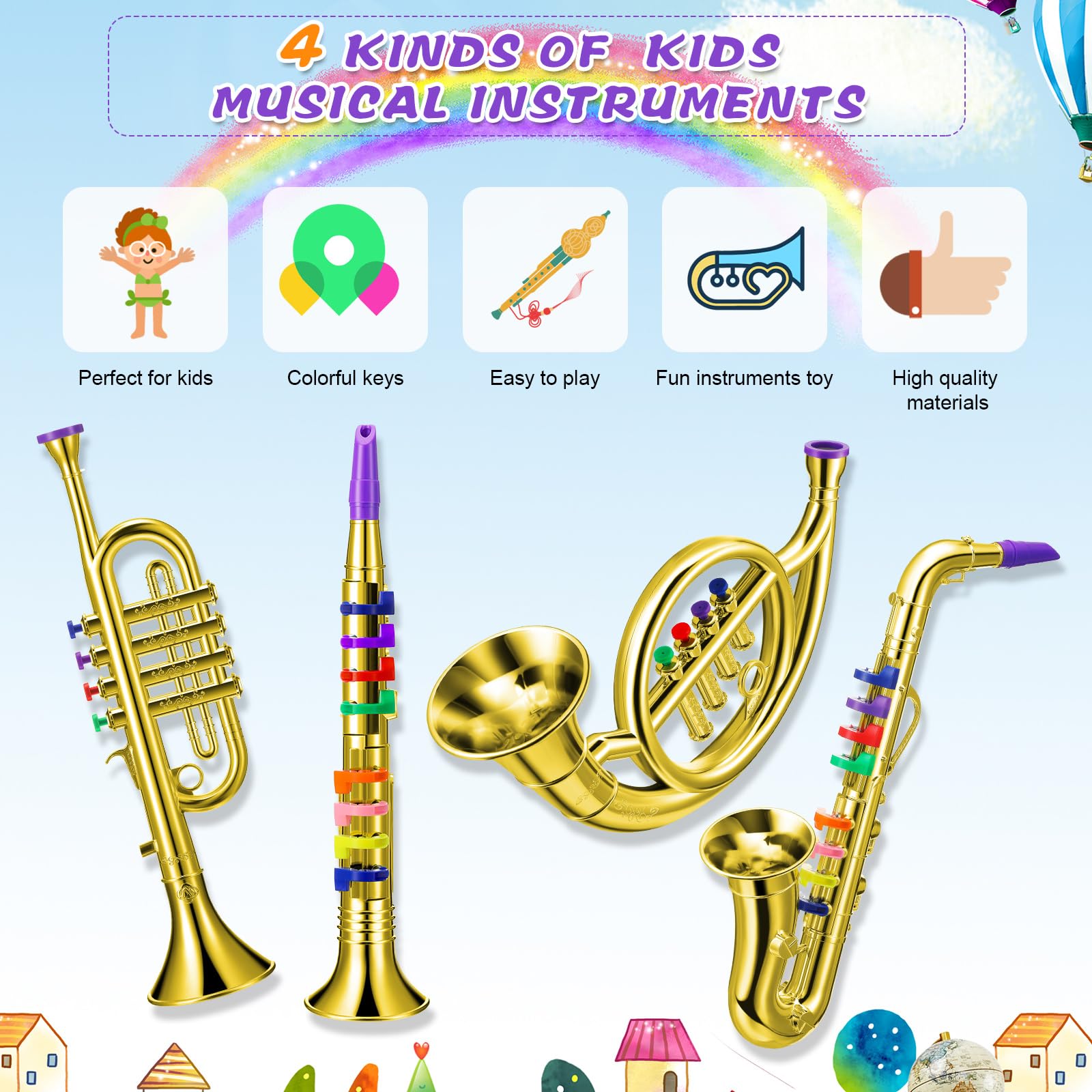 Treela Set of 4 Musical Instruments for Kids, Toy Clarinet Saxophone Trumpet and Horn Set for Beginners with Over 10 Color Coded Keys, Christmas Educational Musical Gifts for Children Toddlers(Gold)