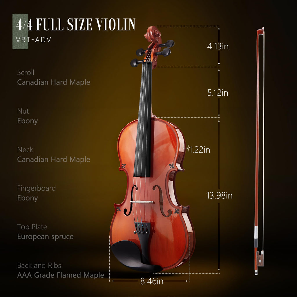 AKLOT Handcrafted Full Size Violin: Solid Wood Matte Fiddle, Acoustic Beginner 4/4 Violin Kit with Hard Case, Lesson Book, Bow, Shoulder Rest, Extra Strings, Tuner, Fretboard Stickers (VRT-AmiCS)