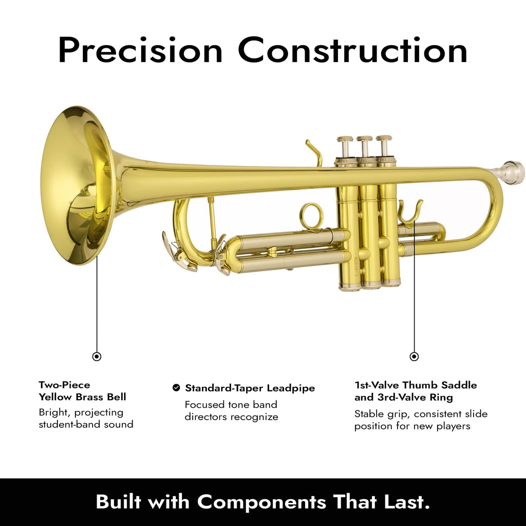 Jean Paul TR-330 Student Bb Trumpet, Two-Piece Yellow Brass Bell, Stainless Steel Valves, U.S. Play-Tested, Gold Lacquer Finish, 7C Mouthpiece and Semi-Hard Case Included